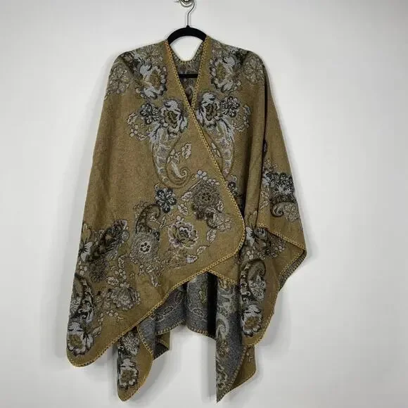 2/$30 NEW Boho Floral Ruana Oversized Open Wrap Poncho Blanket Scarf - Picture 3 of 10